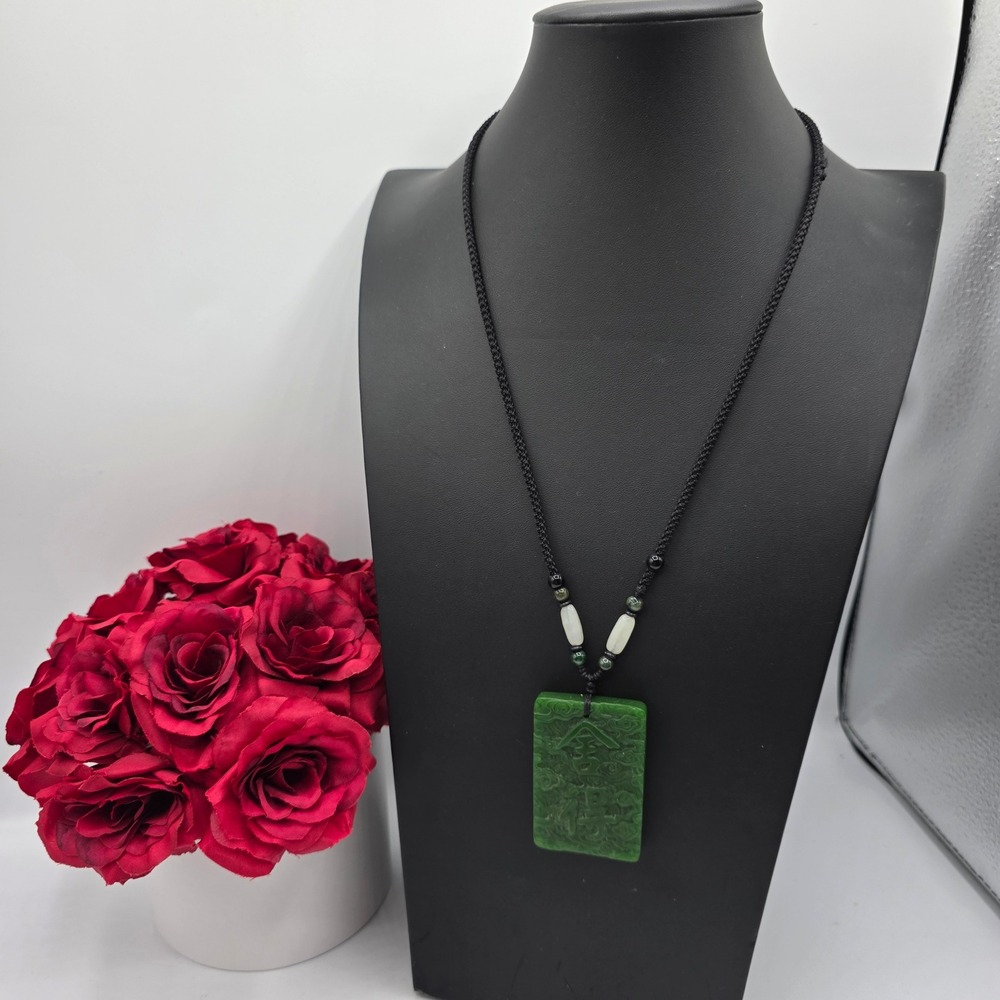 Green Jade Carved Chinese Character Pendant Necklace Black Braided Cord 2 Inch